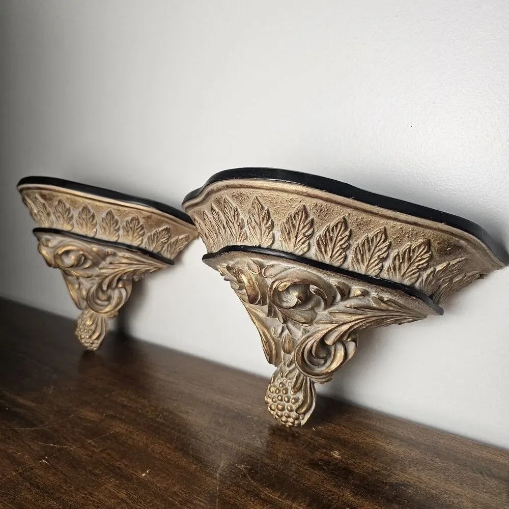 Vintage Pair of Italian-Style Wall Sconce Shelves – Distressed Ivory & Gold